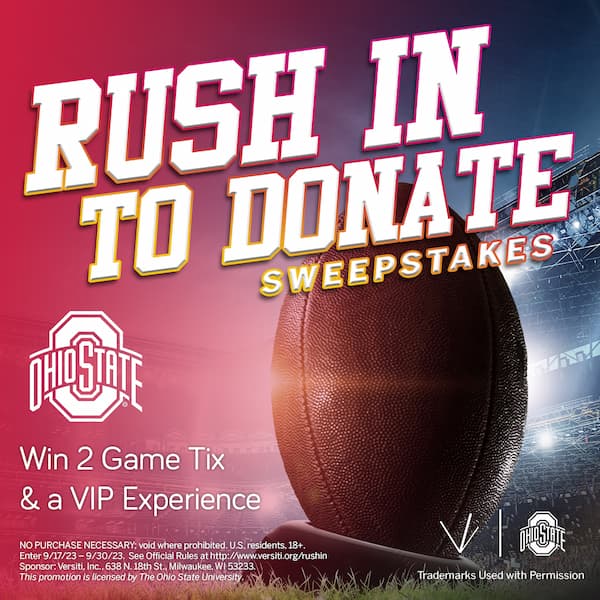 Rush In To Donate Sweepstakes, donate now for a chance at a VIP football experience.